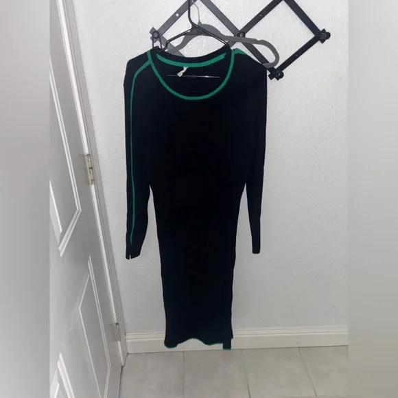 Anthropologie Daily Practice XL Ribbed Sweater Dress Black Green Stripe Midi - Picture 5 of 8
